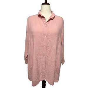 Ali Miles Top Womens 1X Pink Textured Eyelets Wire Collar Button Up Tunic‎ Boho